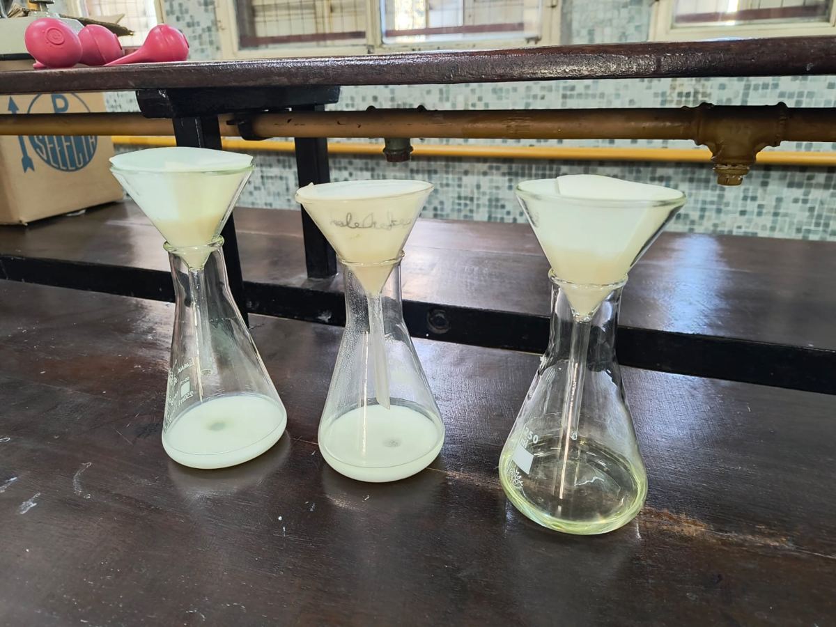 Filtrado de una mezcla con embudos y erlenmeyers.